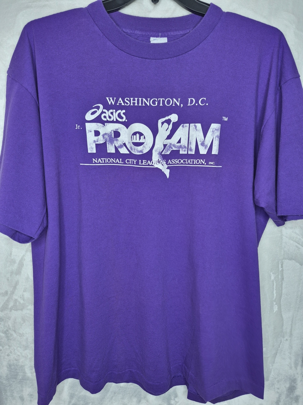 Vintage 90s ASICS Pro-Am Basketball T-Shirt Purple Single Stitch USA Mens XXL